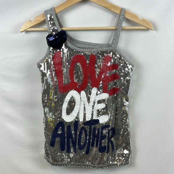 Justice Girls “Love One Another” Sequin Silver Blue Red Tank Shirt Size 12 - Picture 1 of 11